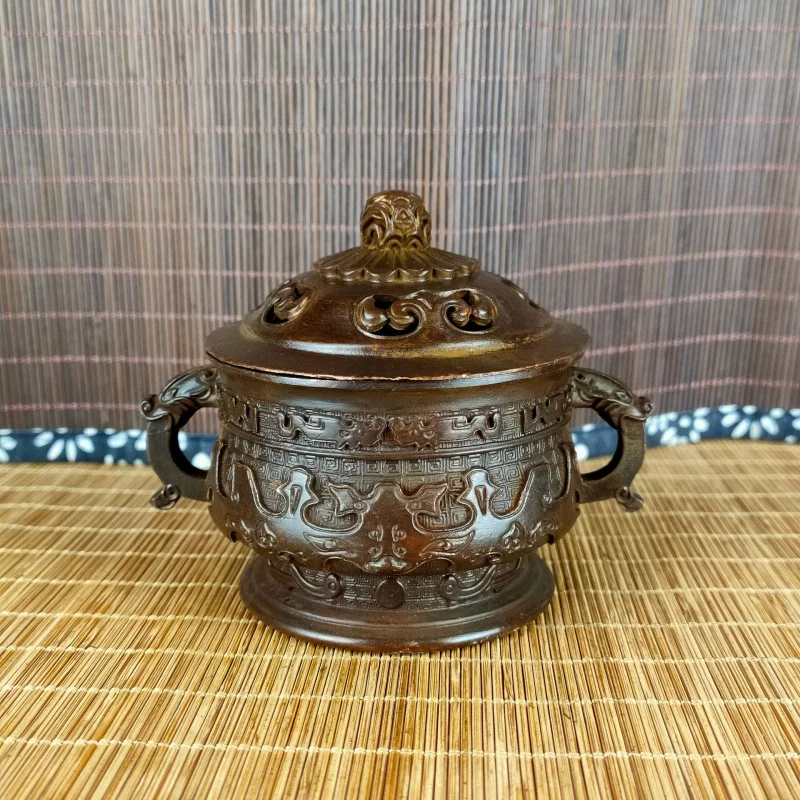 

Vintage Antique Copper Open Lid Incense Burner Ornament Xuande Dragon Ear Furnace Retro Study Office Home Incense Burner Gift