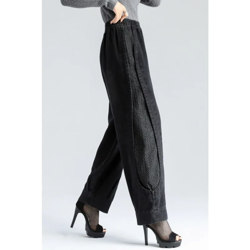 

Новые женские бархатные джинсы с высокой талией, осенне-зимние широкие брюки Харлан, модные женские свободные повседневные джинсовые брюки в сетку с девятью точками