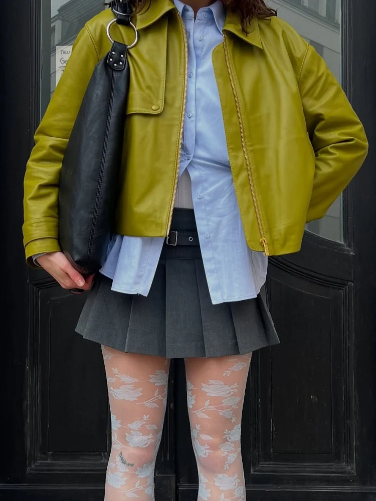 

Модная зеленая куртка из искусственной кожи, женское пальто с лацканами на молнии, свободное однобортное укороченное пальто с длинными рукавами, новая женская однотонная верхняя одежда