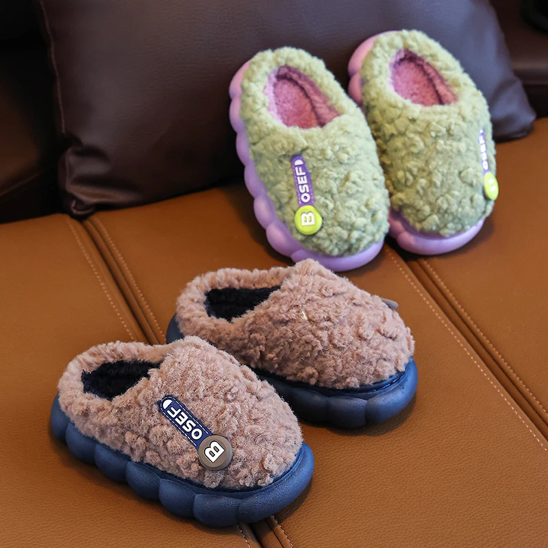 Aged 2-11 Winter Warm Simple Fashion Indoor Mule Soft Non-slip Fluffy Slippers For Kids Boys Girls Children Home Cotton Shoes