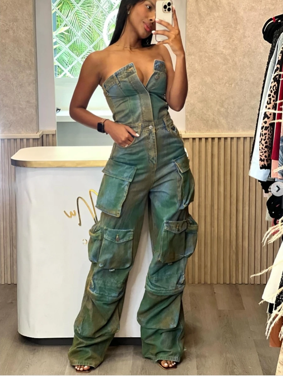 

2025 New Faion Spray Color Camouflage Strapl One-Piece Sexy Hot Girl Overall Pants Women High Waist Long Pants Straight Leg