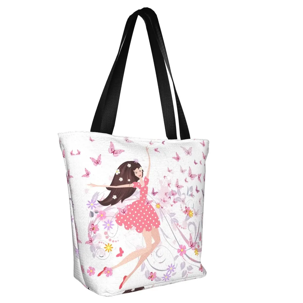 Funny Flower Fairy Girl Shopping Tote Bag Reusable Canvas Groceries Shopper Shoulder Bag