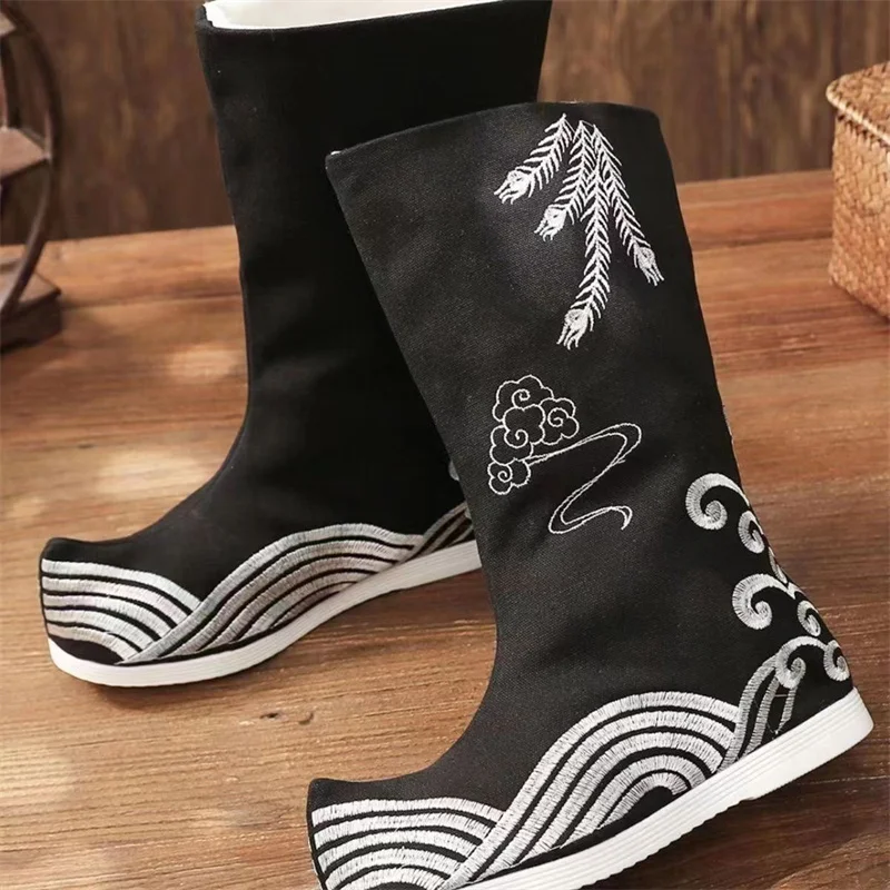 Unisex Men Women Shoes White Black Chinese Traditional Hanfu Costume Embroidered Long Boots Thick Bottom Wuxia Cosplay Ancient