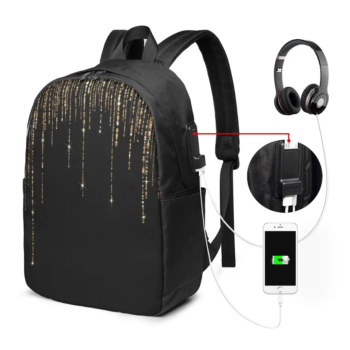 Black And Gold Glitter Pattern Backpack Travel Notebook Bag Computer College StudentSchool Bag Laptop ShoulderBags for Men Women view 2