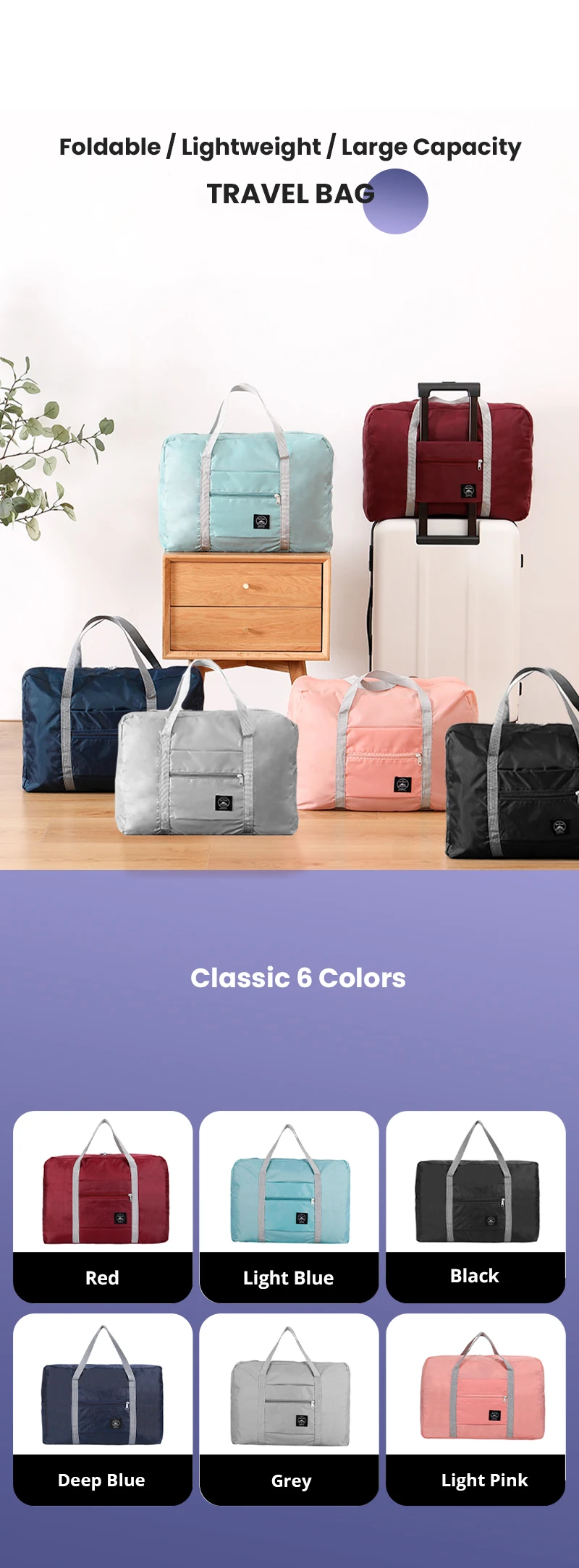 Faltbare Reisetasche für Flugzeuge, Handgepäcktasche für Damen und Mädchen, leicht, großes Fassungsvermögen, Sport, Wochenendausflug über Nacht – Detail 1