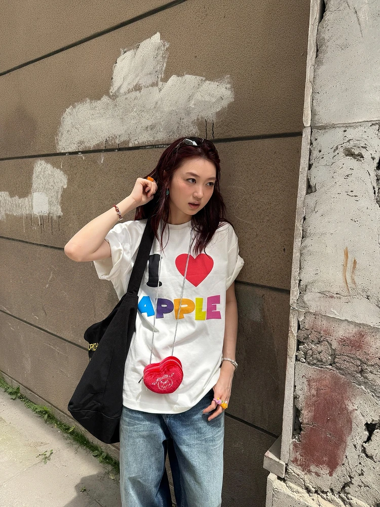 Sakura  Rainbow Letter Color Block Short Sleeve T-Shirt Casual Loose Fit Summer Korean Style Versatile Casual Top