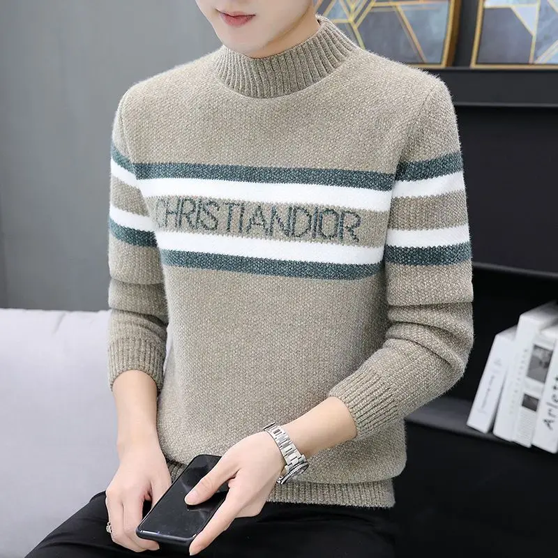 

New Golden Mink Men Warm Sweater Thicken Half High Collar Casual Sweater Contrast Color Striped Letter Male Pullovers Sweater