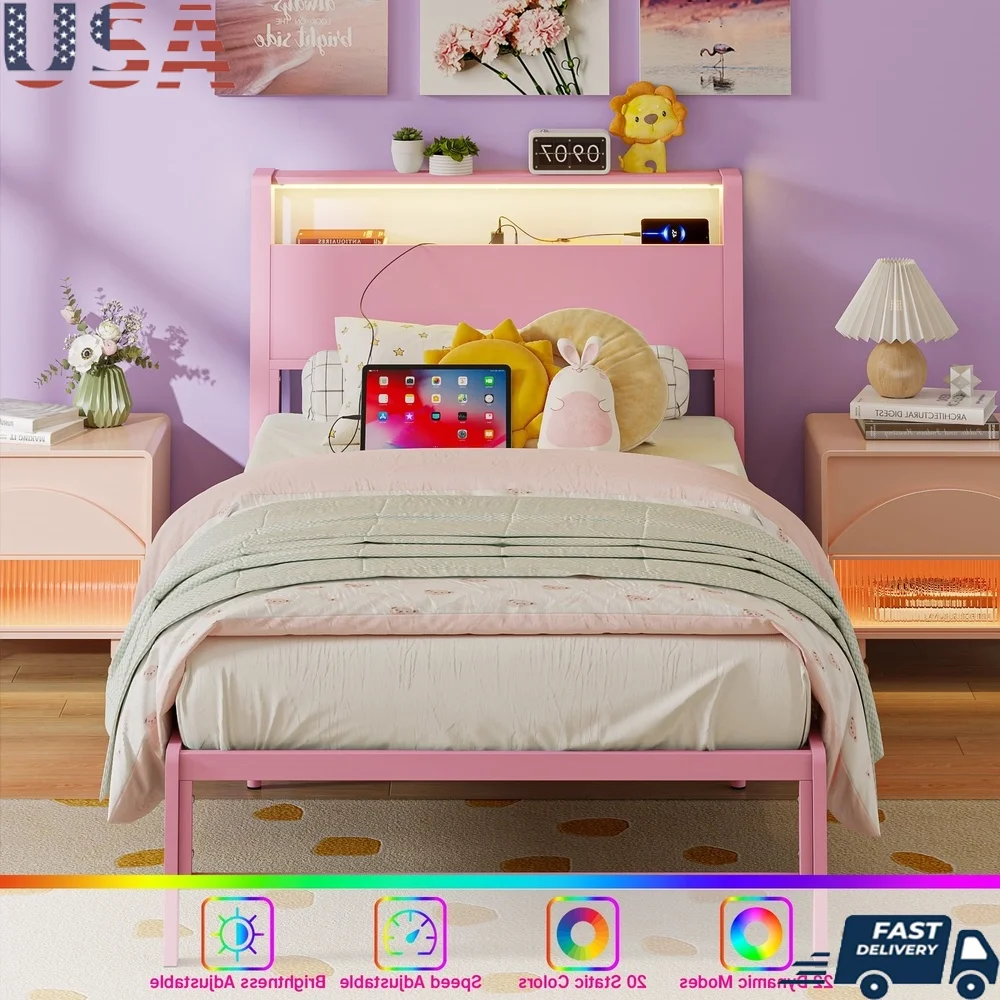 

Twin Metal Bed Frame with LED Light USB Charging Station 2-Tier Storage Headboard Kids Boys Girls Durable 1000lbs Capacity