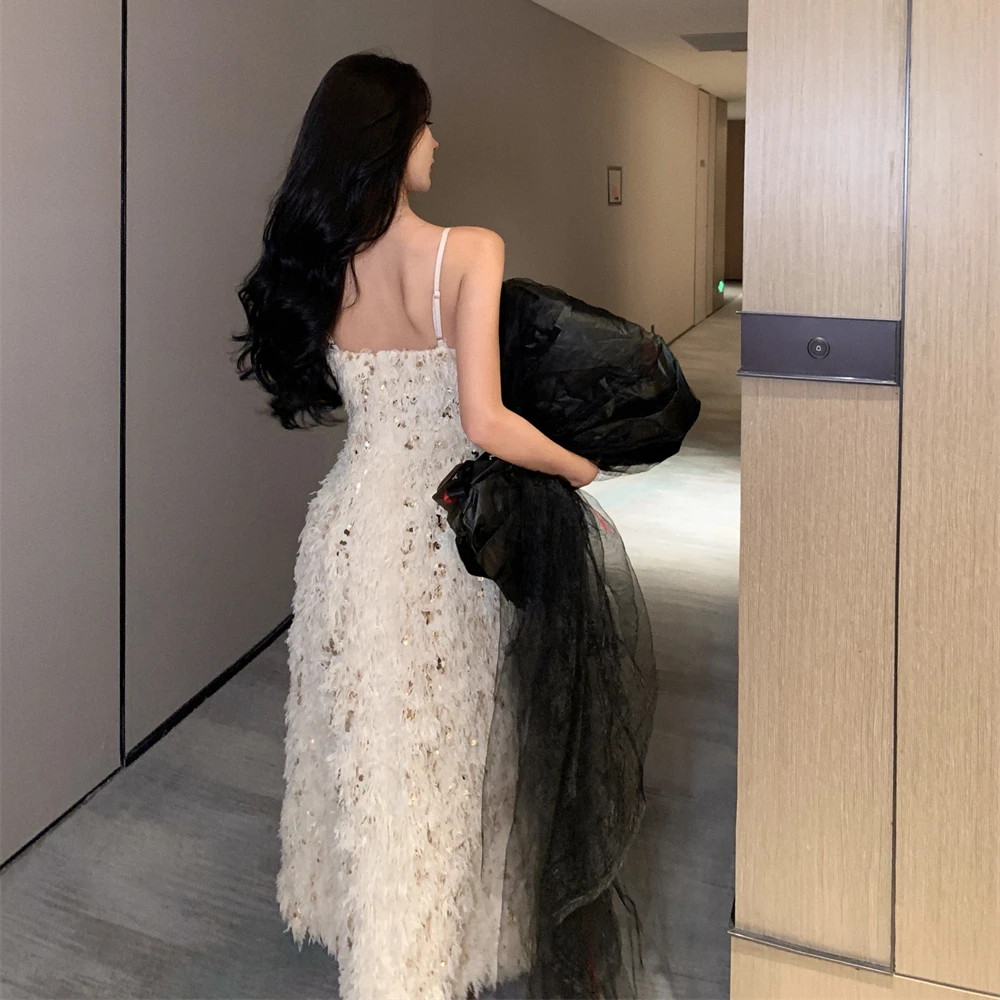 Fashion Heavy Industry Feather Embroidered Sequins Dress 2023 Summer Apricot Color High Waist V-neck Sleeveless Women's Dress