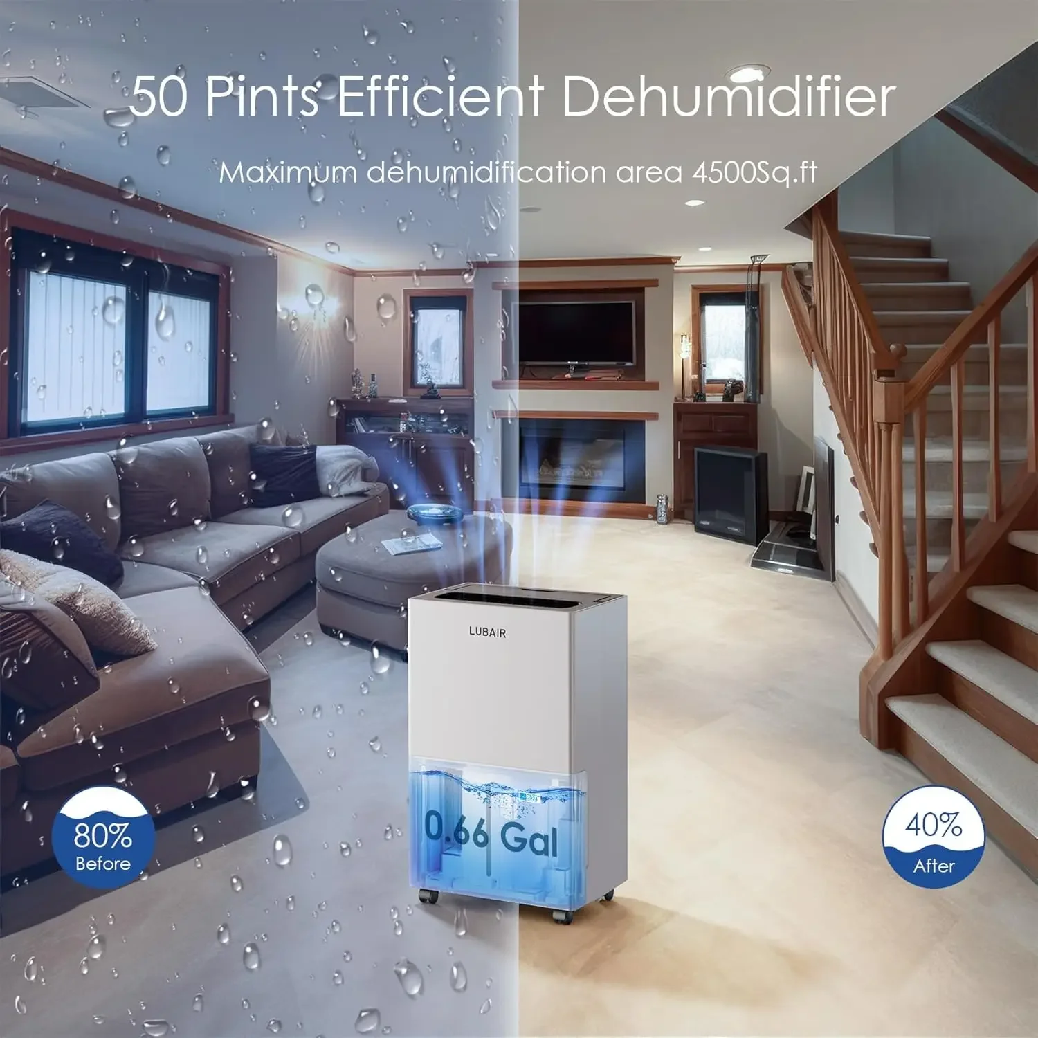 Dehumidifier bintang untuk ruang bawah tanah rumah, Dehumidifier ruangan besar 52 pint dengan selang pembuangan dan tangki air, Intelligen