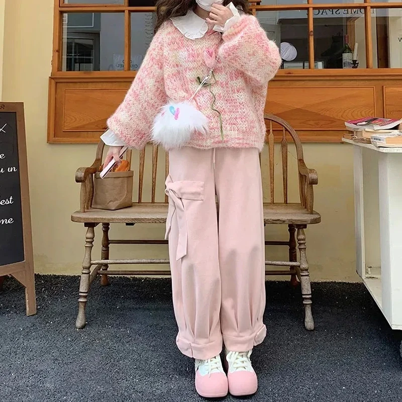 Japanese Faux Wool Wide Leg Pants Women Autumn Kawaii Bow Decorated Loose Harem Pants Y2K High Waist Drawstring Blended Trousers