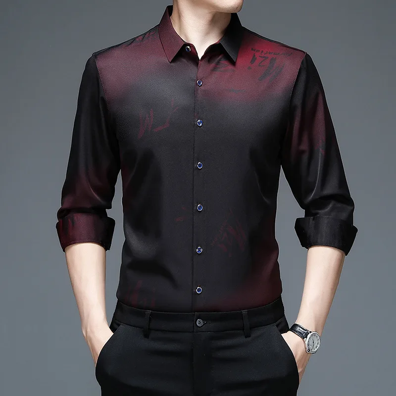 Chemise boutonnée imprimée à manches longues pour hommes, chemises d'affaires décontractées, revers, mode coréenne, haute qualité, bureau en Y, printemps, automne