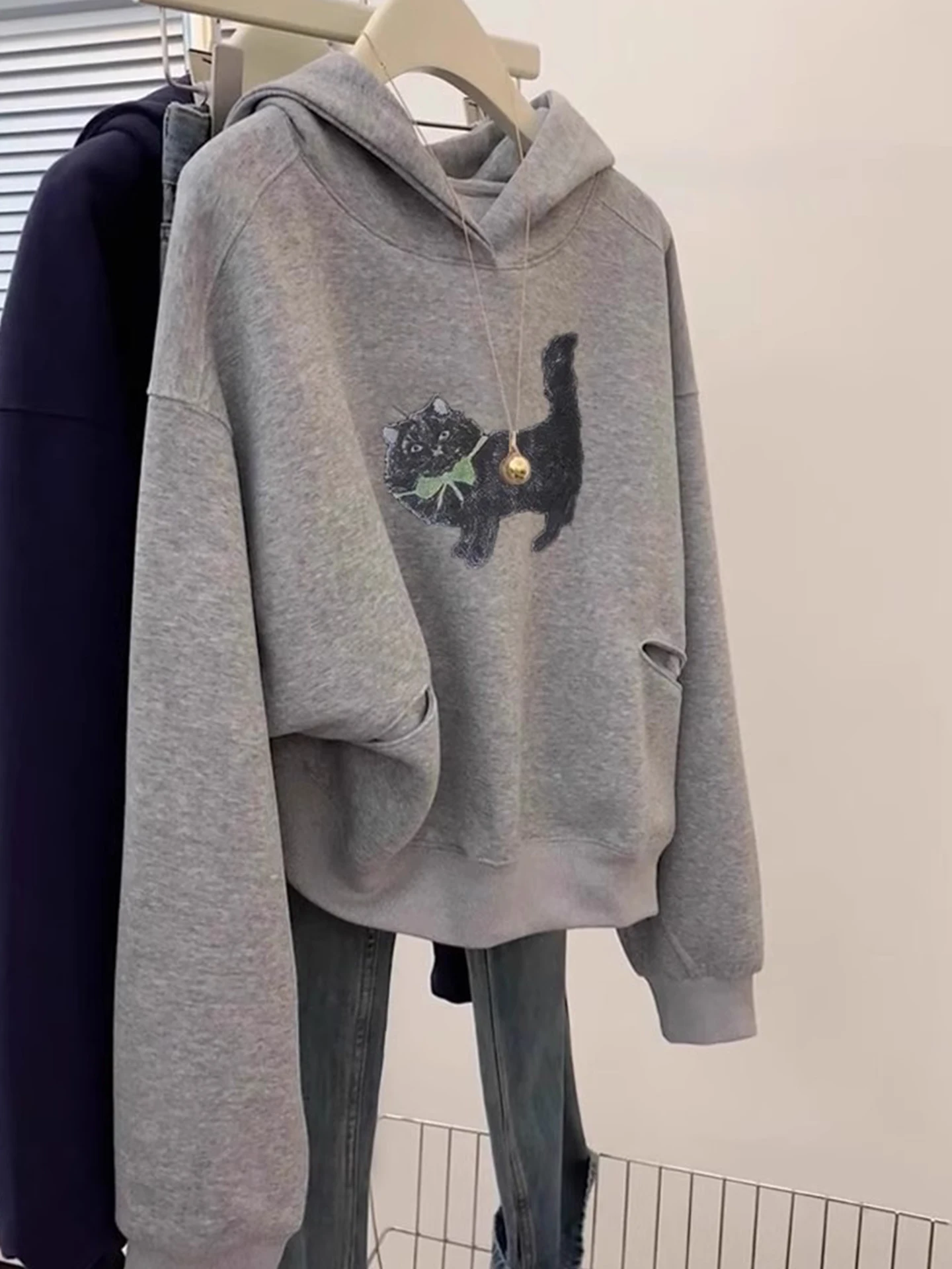 

Gray Print Hoodie Women's Fashionable Autumn Top Lazy Style Trendy Base Shirt Korean Version Loose Fit Long Sleeve Sweats...