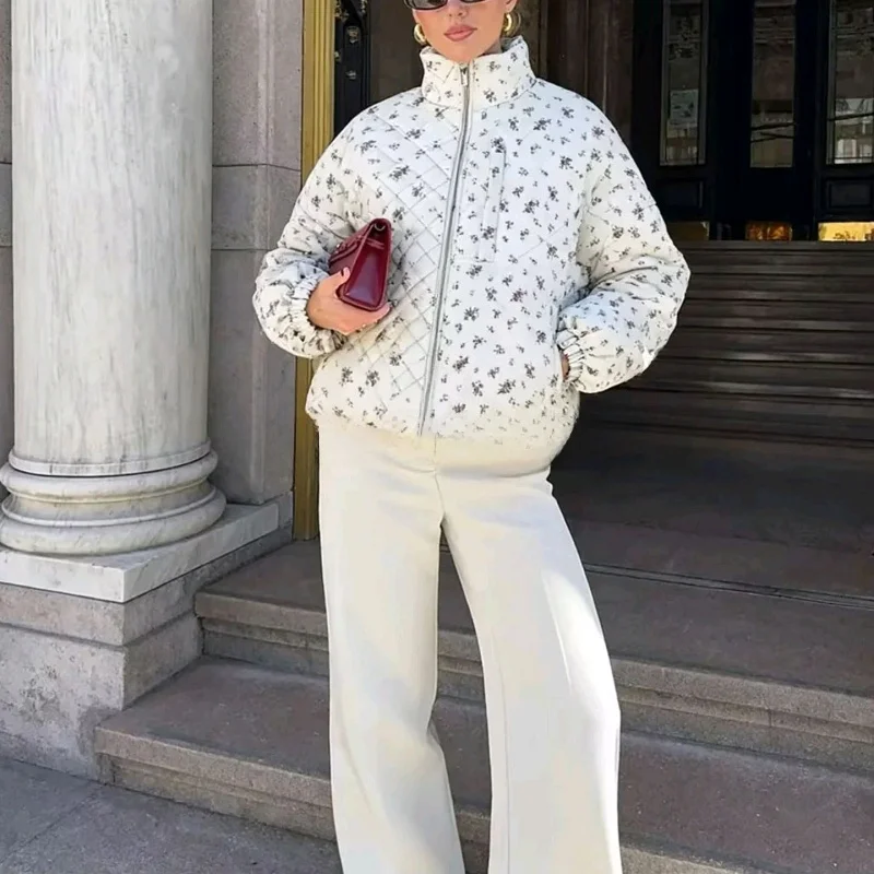 

Autumn New Arrival Women's Thiened Long Sve Print Cotton Jaet Stand Collar Loose Warm Coat Commute Sle Single Button