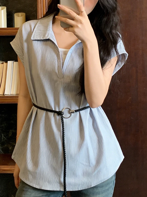 

plus Size Summer 2026 Trendy Splice Shirt Women's Slimming Age-Defying Fashion Commute Design Top Korean Style Short Sleeve