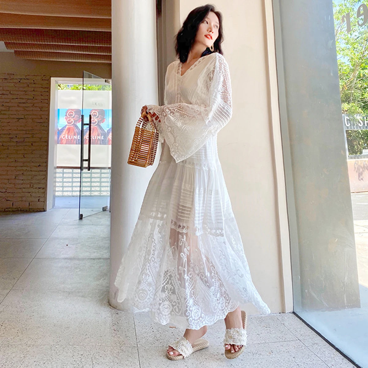 

Jastie White Summer Women's Dress Trumpet Sleeve Embroidery Lace Silk Loose Hem High Waist Fairy Dresses Beach Party Prom Robe
