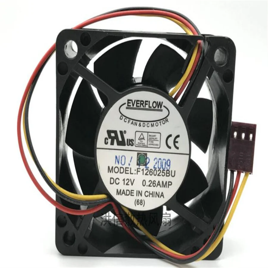 

Original EVERFLOW F126025BU DC12V 0.26AMP 6025 double-ball 3-wire cooling fan