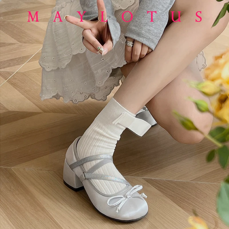 Mary Jane-zapatos de tacón grueso con lazo para mujer, calzado elegante con punta redonda, a la moda, novedad de 2024