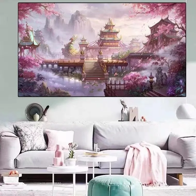 Handmade cross stitch finished product, dreamy anime, heavenly palace, new scenery, living room, bedroom decoration, hanging