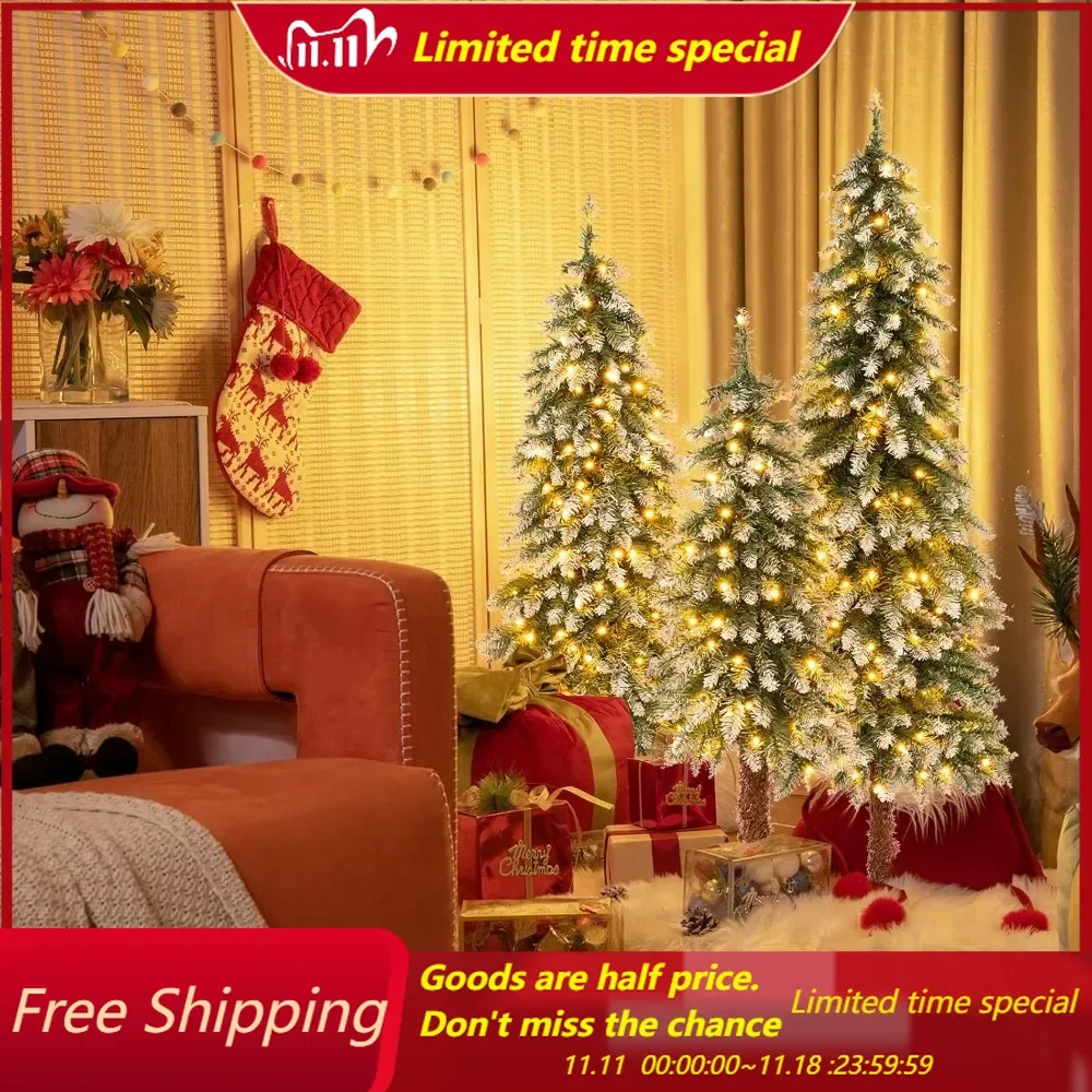 Set of 3 Prelit Christmas Tree, Pencil Artificial Christmas Tree 3Ft, 4Ft and 5Ft with Warm White LED Lights, Slim Christmas