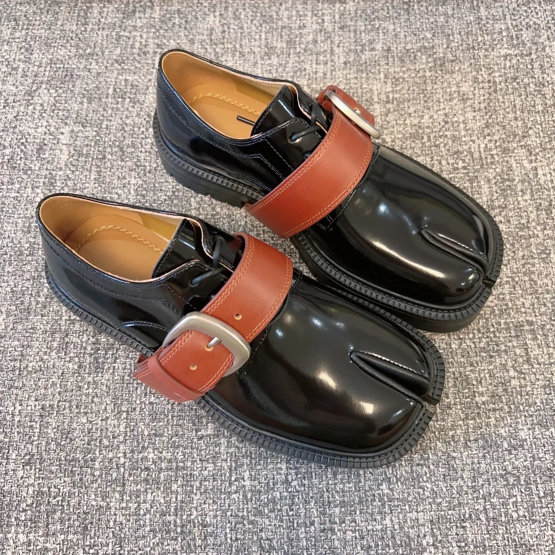 

Handmade Real Leather Women Shoes Female Mary Janes Flats Black Cowhide Shoes High Quality Luxury Design Split-toe Tabi Shoes