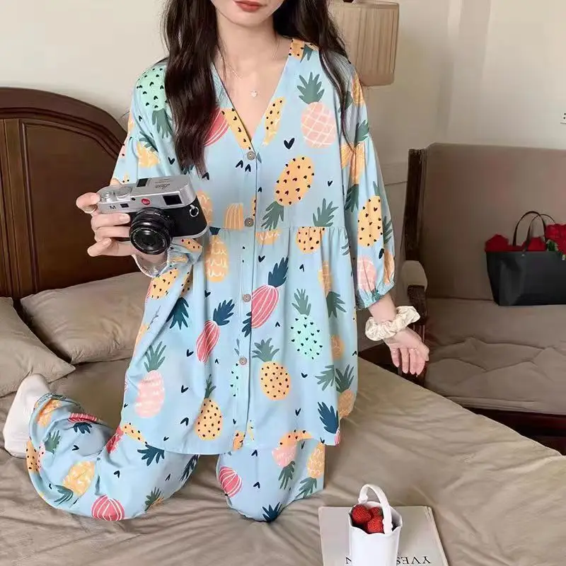 Baggy Pajama Sets Women Casual Chic Spring Vintage Printed Home Lounge Wear Lady Sleep Breathable Stylish Korean Fashion 2023