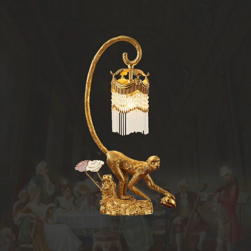 

Настольная лампа «Европейская королевская корона» из меди и хрусталя, роскошная золотая ночная подсветка для гостиной, прикроватная лампа для спальни в стиле «обезьянка» для отеля