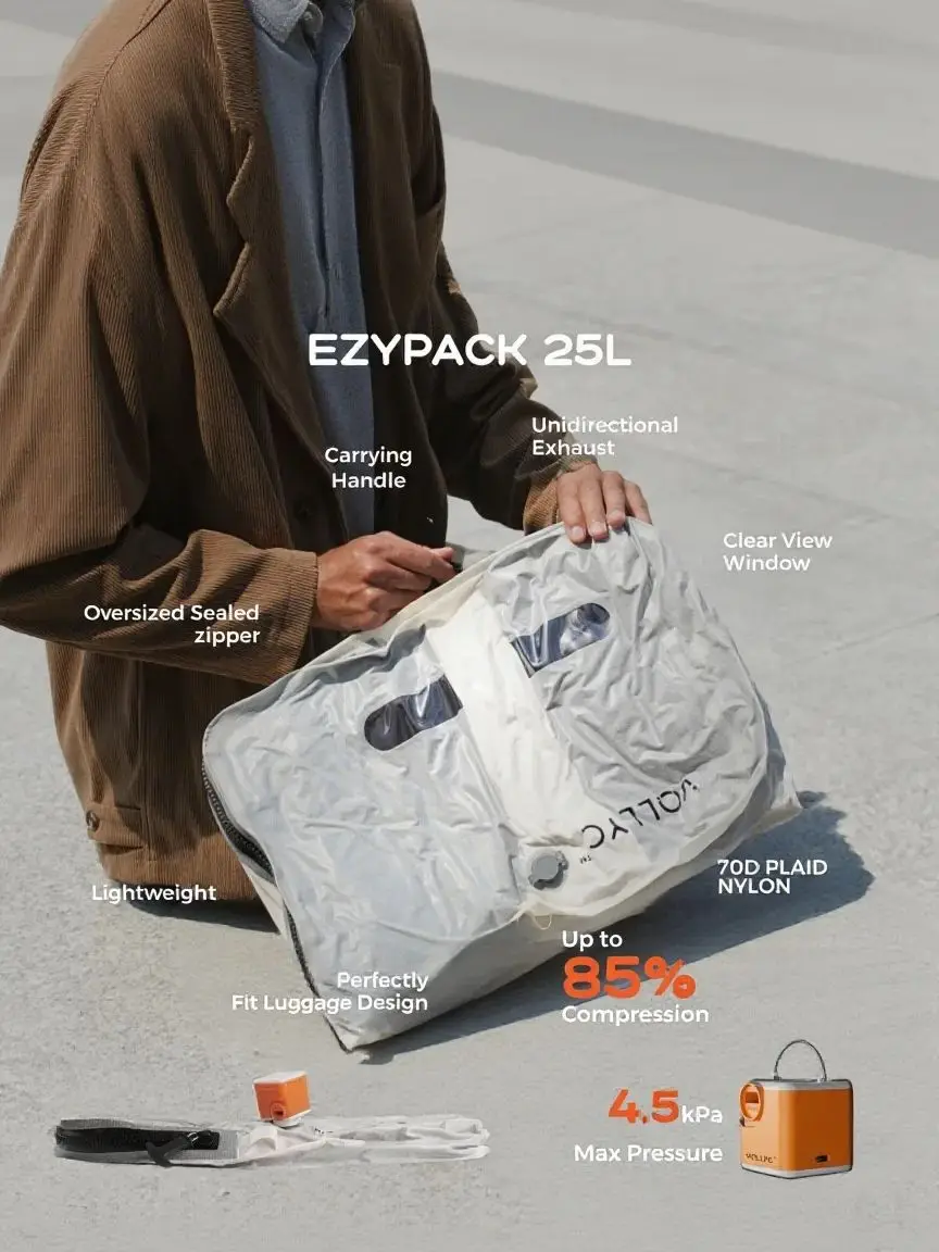 FLEXTAIL X VOLLYC EZYPACK - 25L vacuüm opbergtas, herbruikbare kledingopbergtas, reisrugzak bagagetas, 85% compressie - afbeelding 2
