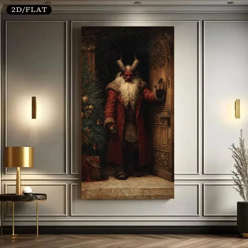 1pc Large Modern Krampus Christmas - Frameless Canvas Poster 31.49x62.99in (80x160cm) Krampus Knocking Door Doorway Scene - Holi