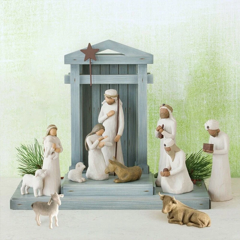 Nativity Figures Statue Set Baby Jesus Manger Resin Ornament Craft Decration Hand Painted Decor Church Holiday Gift Desk Decor