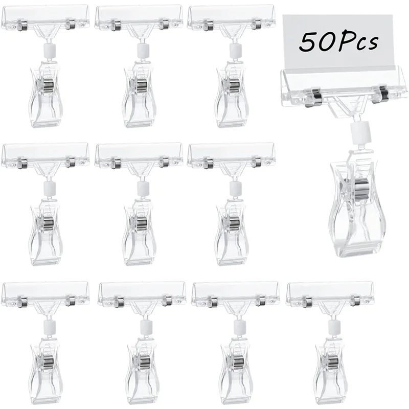 

50 Pcs Transparent Rotatable Sign Clips Double-Sided Merchandise Sign Holders Plastic Tag Display Racks Label Stands-B09B