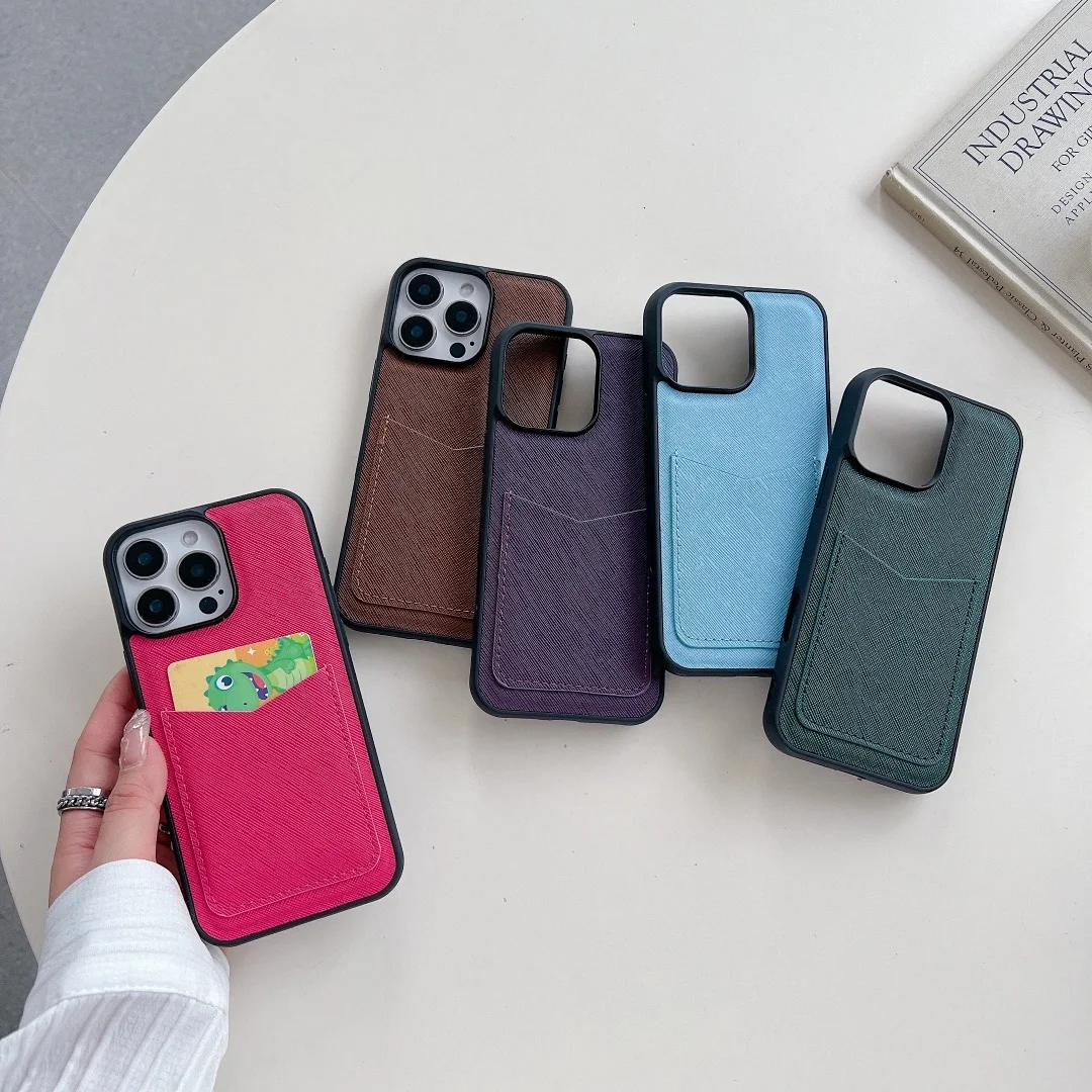 Cross Stripe Card Case Mobile Phone Anti-Drop Shell for 16 15 14 13 12 11 XS XMAS All Series Leather All-Inclusive Phone Case
