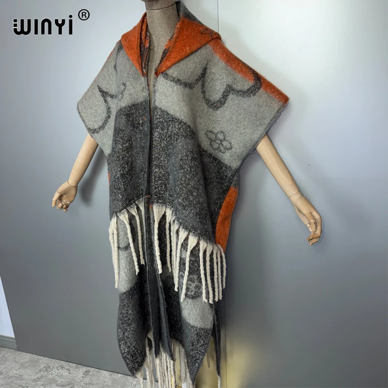 WINYI Afrykański zimowy płaszcz z kapturem dla kobiet, kardigan, abaja, luksusowy strój z Dubaju, płaszcz z otwartym przodem, kimona, długa kurtka puchowa, sukienka-poncho