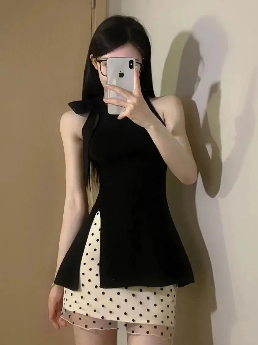 Summer Outfit Polka Dot Halter Neck Two-Piece Set Design Sensation Small Audience Tie-Band Split Skirt Breathable Short Sleeve