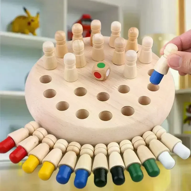 Set Juego de mesa interactivo con memoria de color con palancas de cerillas; Juguetes educativos para niños; Rompecabezas de ajedrez con memoria de madera