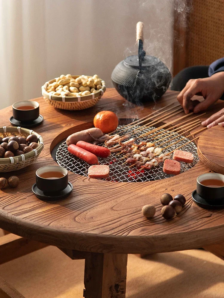 Small round table coffee stove tea  solid wood small tea  log round new Chinese tea pot table