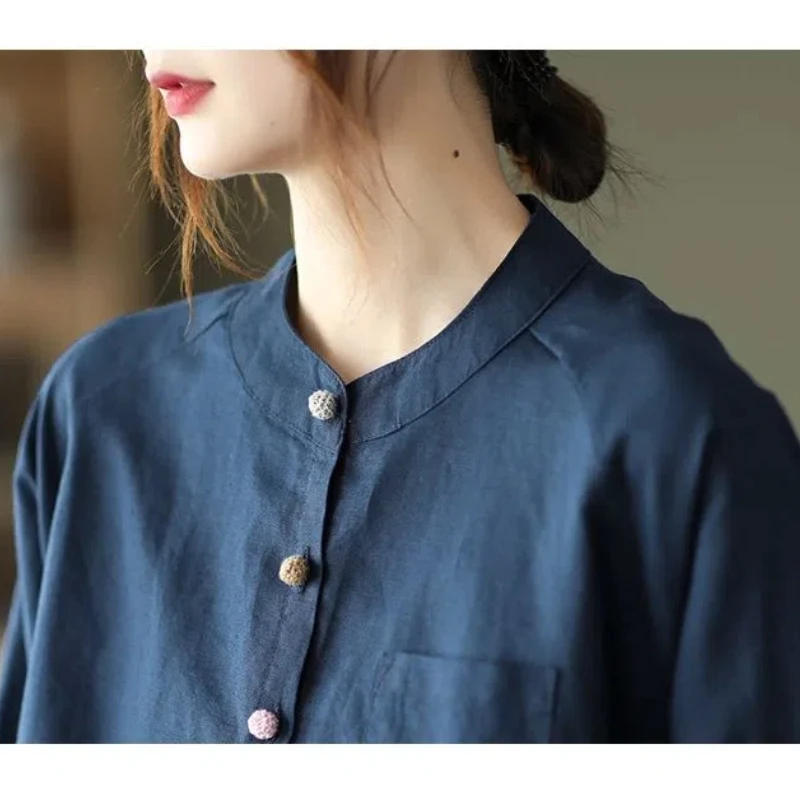 Spring Autumn Women\'s 2024 New Splicing O-Neck Button Pocket Fashion Solid Color Versatile Casual Long Sleeve Blouses Shirts