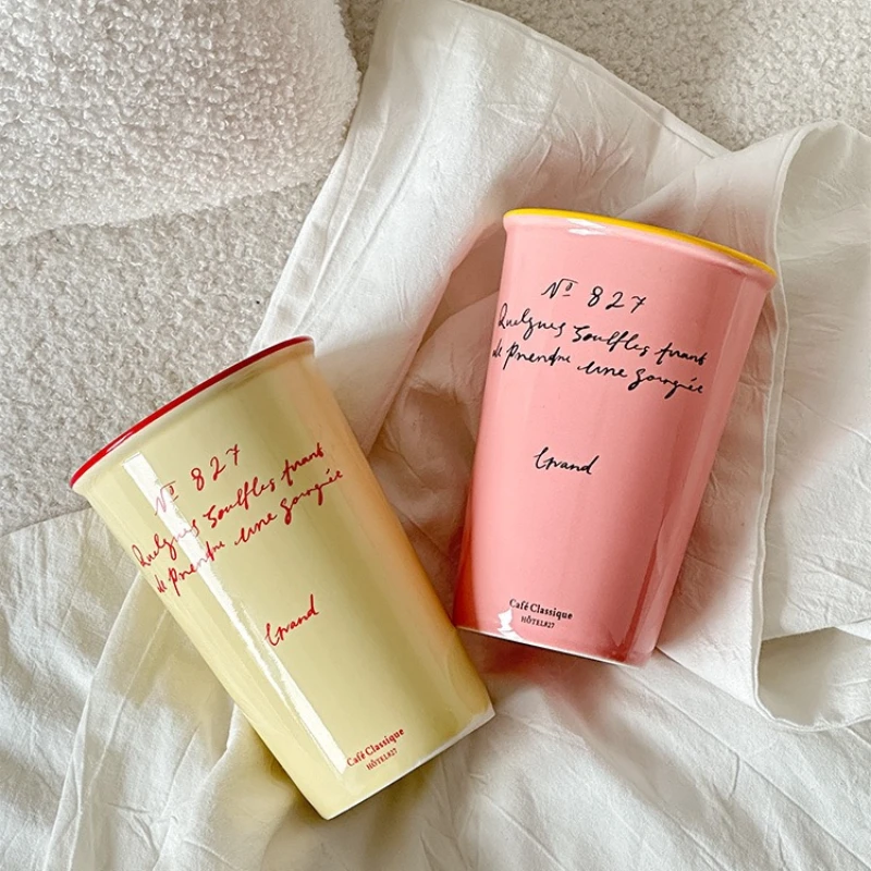 French Ceramic Coffee Mug 450ml Water Cup Vintage Paper Cup Letters Ceramic Hand Hold Tall Mug Coffee Cups Breakfast Juice Mugs