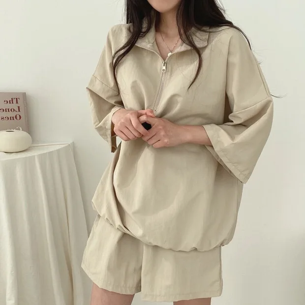 Female Elastic Waist Solid Color Short Sets Women Short Suits 2024 Summer Casual Short Sleeve Turn-down Collar Zipper Suits