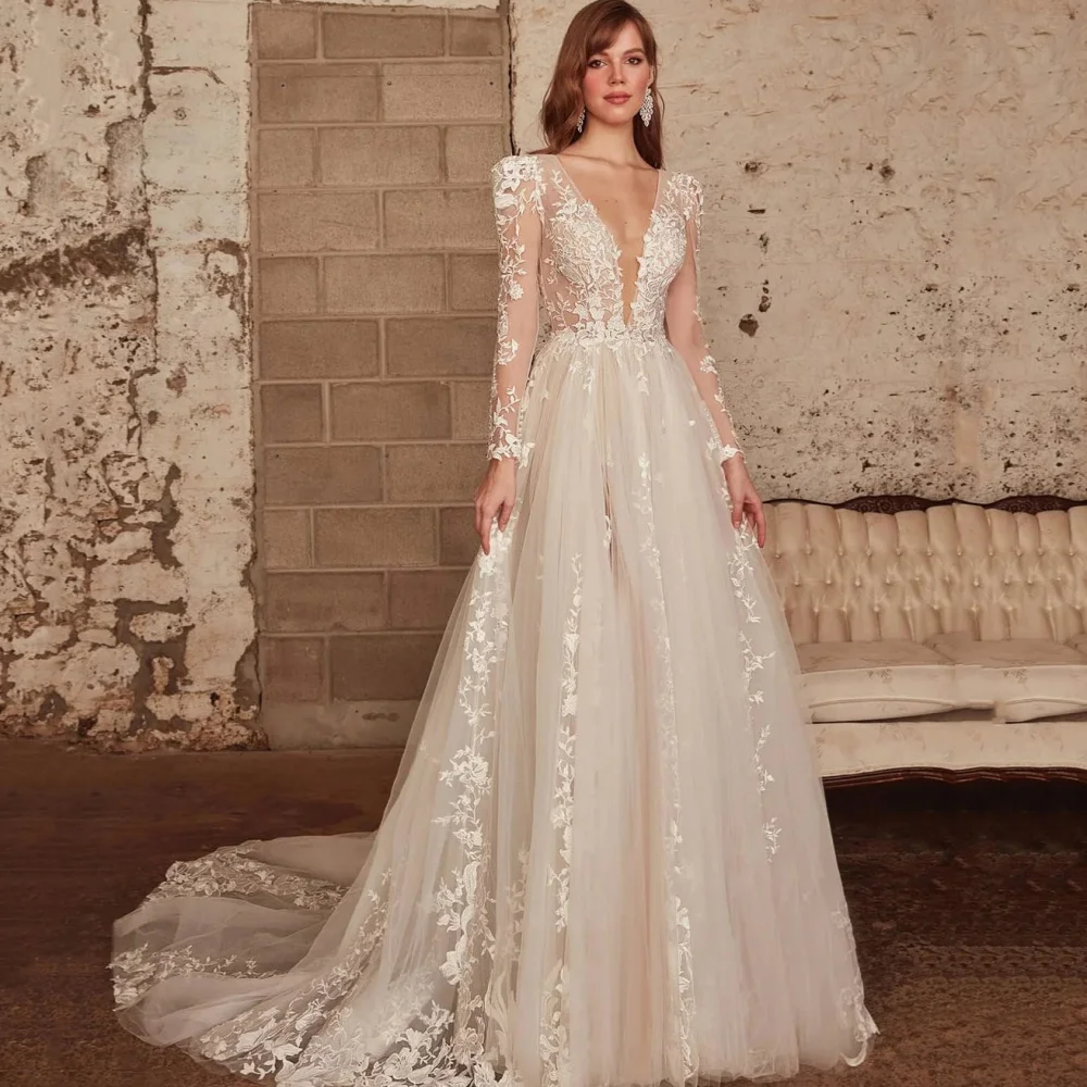 فستان زفاف رائع مخصص بياقة على شكل V وأكمام طويلة فساتين العروس على شكل حرف A فساتين زفاف أنيقة من فيستدوس دي نوفيا