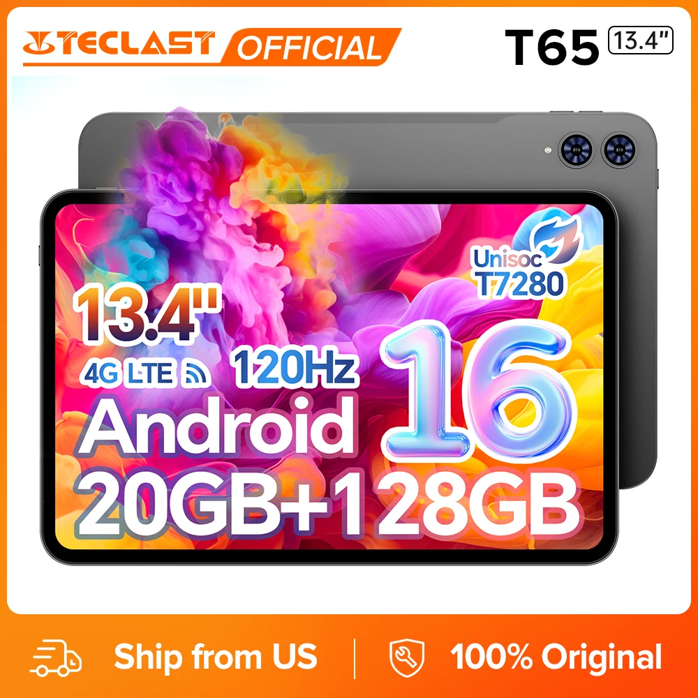 Teclast T65 Tablet 13.4" 2K 120Hz Android 16 Tablets Unisoc T7280 Octa Core Max 20GB RAM 128GB ROM 8000mAh 4G LTE