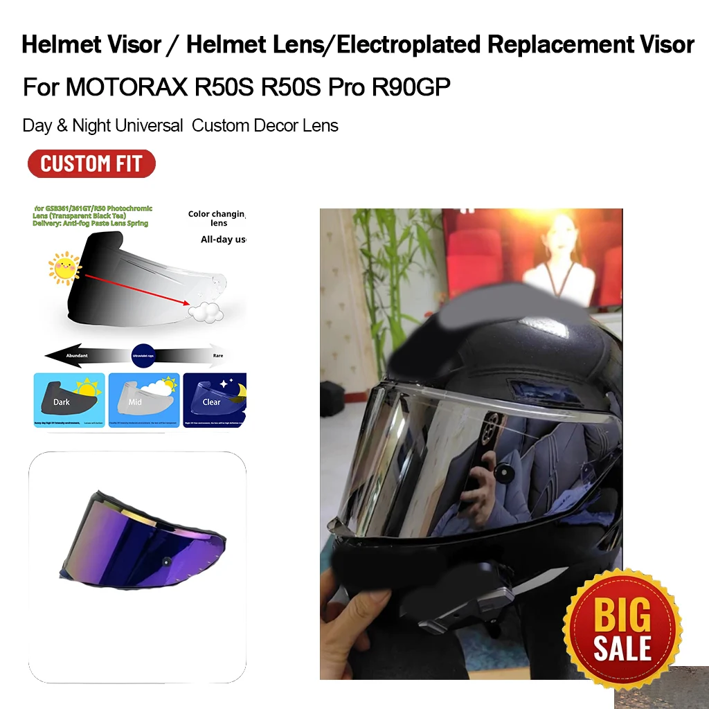 オートバイヘルメットバイザー-オーロラシルバー電気メッキレンズ-motorax-r50s-r50s-pro-r90gp用、無料曇り止めフィルム＆バイザースプリング