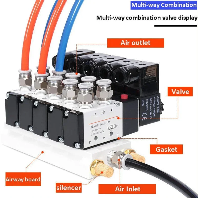 Solenoid Valve Multi-way Combination 4V210-08 Manifold Stations DC12V 24V AC220V With Fittings 5 port 2 position Solenoid Valves