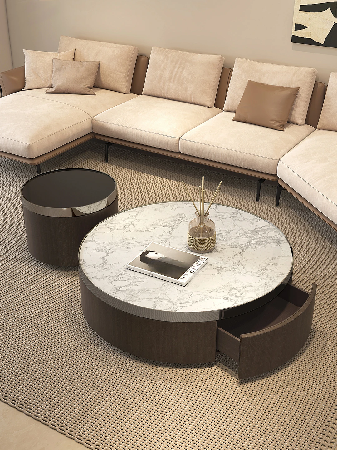 Tea table marble light luxury round table with drawers for storage size tea table combination