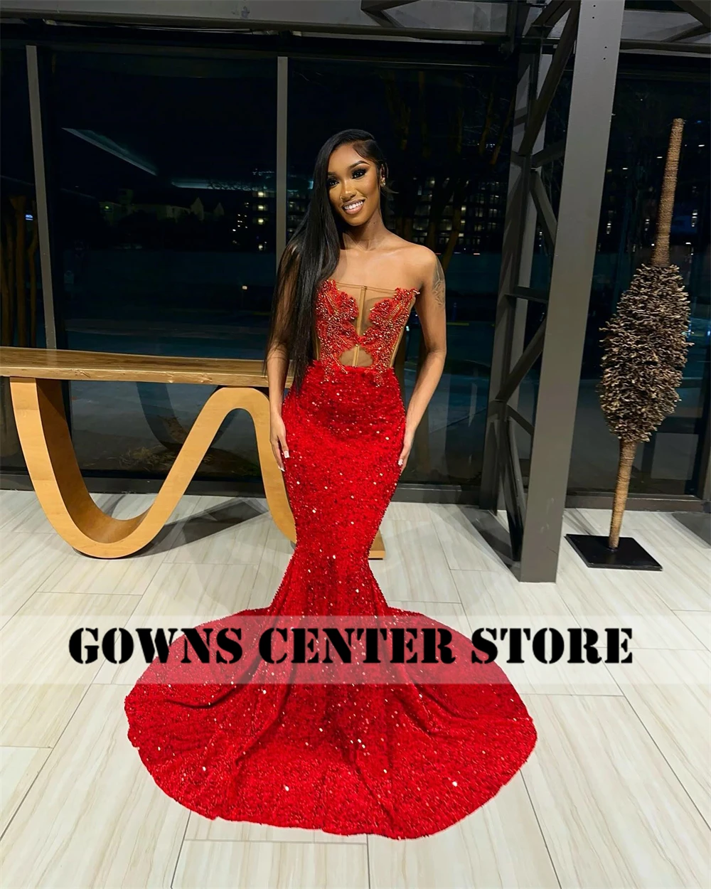 Luxury Red Rhinestone Velvet Sequin Prom Dress 2024 Blackgirl Mermaid Party Dress Women Elegant Luxury See Thru Formal Gowns