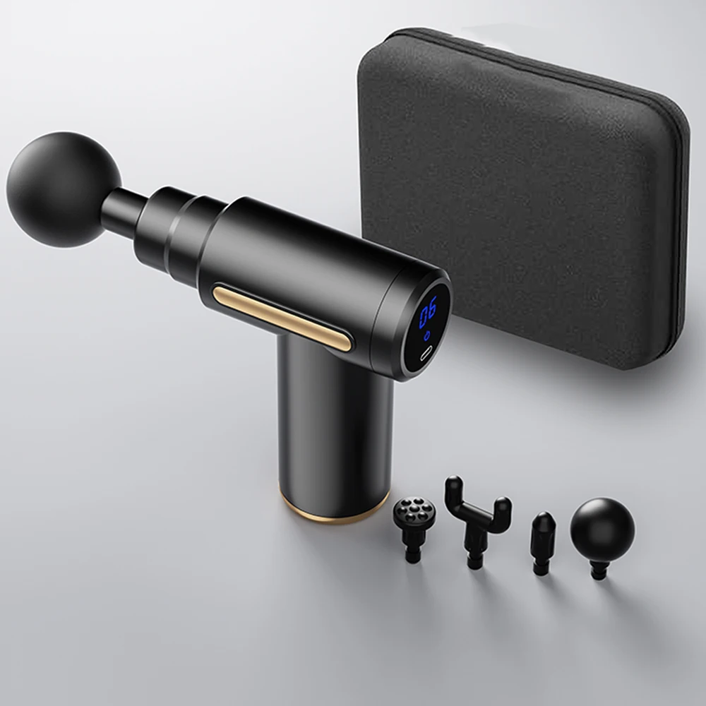 

Профессиональный пистолет для фасции, пистолет для глубокого массажа тканей, 6 скоростей, 4 головки, перезаряжаемый портативный перкуссионный массажер для мышц