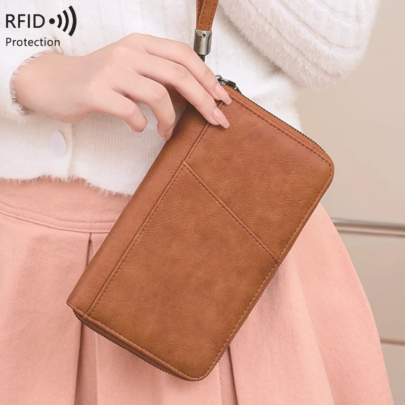 

2026 New RFID Anti-magnetic Long Wallet Solid Color Zipper Passport Bag Card Holder Ticket Storage Bag Multi-functional wallet