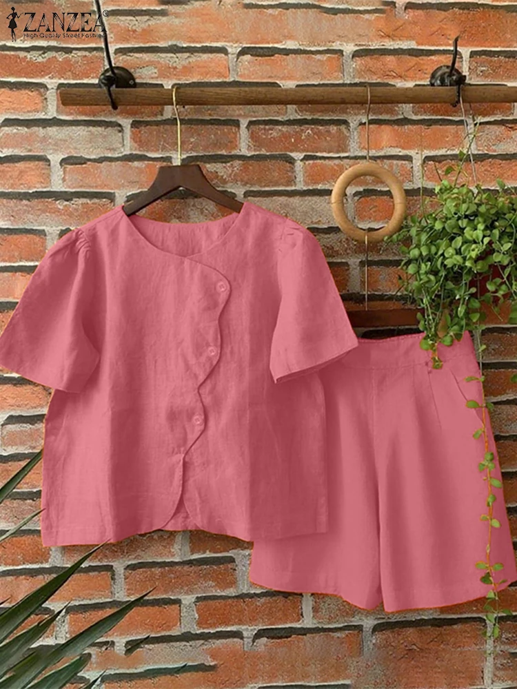 半袖セットアップ レディース 無地 カジュアル ゆったりトップス ウエストゴム ショートパンツ ZANZEA 2025 夏 ファッション OL 仕事 マッチングセット 2点セット