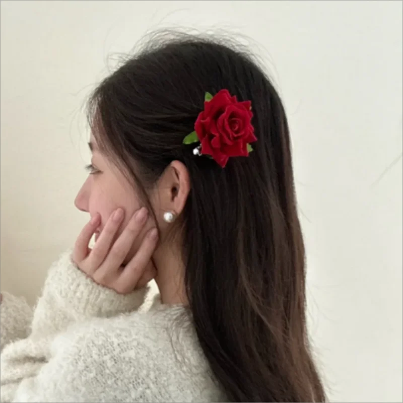 High end women's rose hair clip gentle women's red flowers show white and temperament hair clip hair accessories