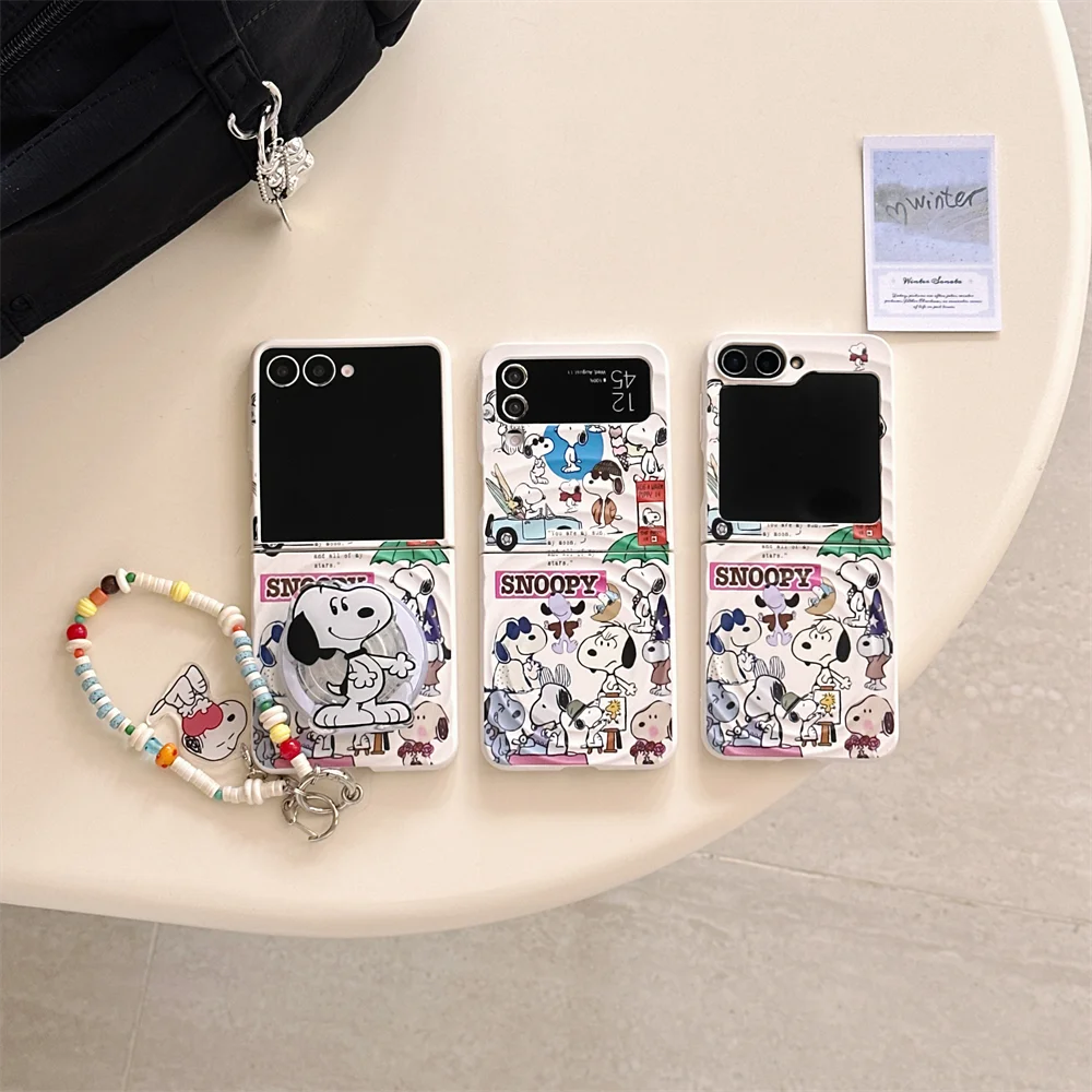

INS Wave Cute Puppy Phone Case for Samsung Galaxy Z Flip 7 Flip6 5 flip4 3 5 Cover For Magsafe Stand with Chain Protective Cover